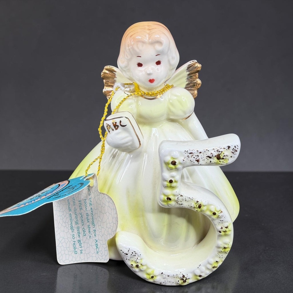 Josef Originals Birthday Girls Age 5 Ceramic Figurine Angel ABC Book Yellow wTag